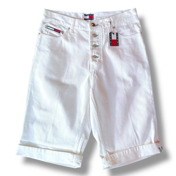 Y2k Vintage 90s Tommy Hilfiger Womens Shorts Sz JR 9 White Denim Button Fly - Picture 1 of 11